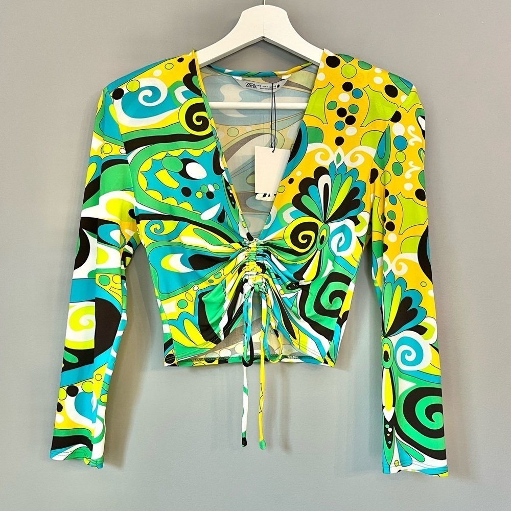 NWT Zara Y2K Multi-Coloured, Pucci Print, Long-Sleeved, Ruched, Cropped Top